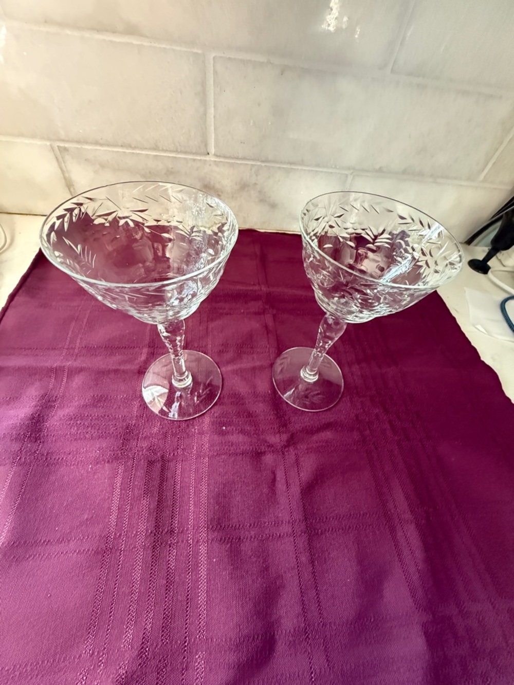 Vintage Etch Crystal Coupe glasses set of 2 floral cut stemware